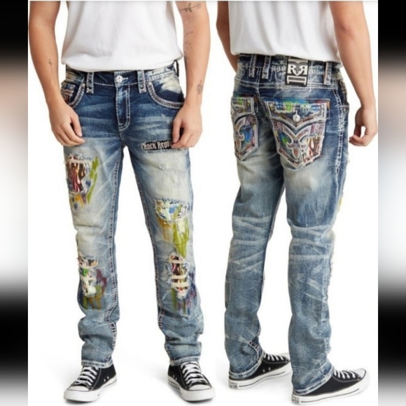 🆕️Rock Exhibition by Rock Revival LE Ruth Distressed Slim Taper Jeans. 40x32 - Picture 9 of 12